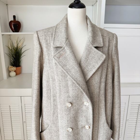 Vintage Alorna Tan Wool Herringbone Double Breasted Long Coat Size M/L - Picture 1 of 9